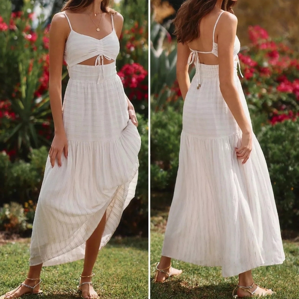 l*space White Striped Maxi Dress with Cutout Tie Front